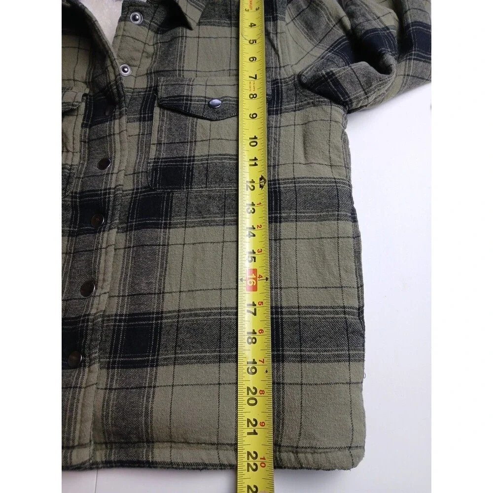 Lucky Brand Plaid Flannel Sherpa Jacket Shacket Womens Small Lined Green Camp - Picture 11 of 12